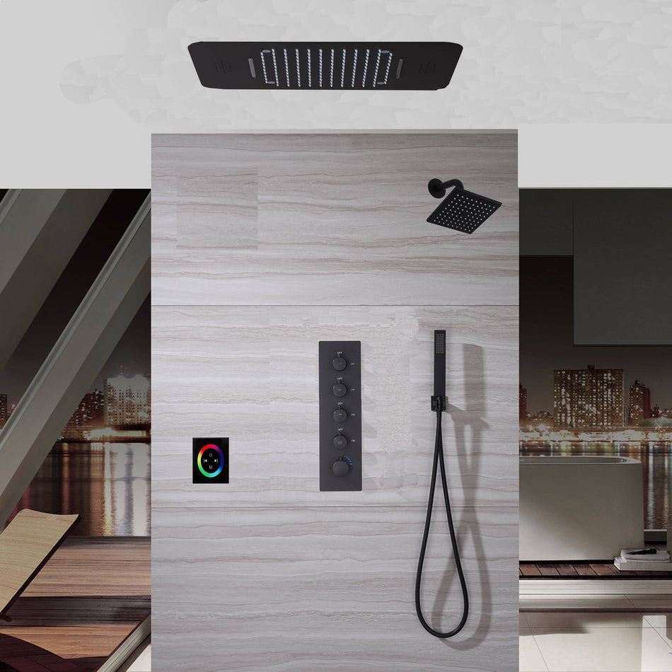 Matte Black 23 Inch Flushed Ceiling Mount Rainfall Waterfall 64 LED Light Bluetooth Music Shower Head 4 Way Thermostatic Shower Faucet Set with regular head and Touch Panel