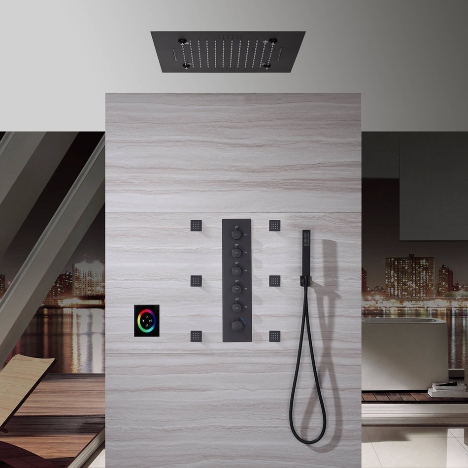 Matte Black 20 Inch Flushed Ceiling Mount Rainfall Waterfall Mist 64 LED Light Bluetooth Music Shower Head 5 Way Thermostatic Shower Faucet Set with Body Jets and Touch Panel