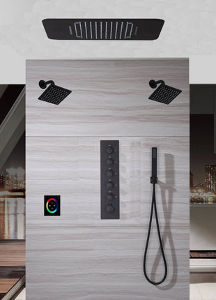 Matte Black 23 Inch Flushed Ceiling Mount Rainfall Waterfall 64 LED Light Bluetooth Music Shower Head 5 Way Thermostatic Shower Faucet Set with regular head and Touch Panel