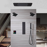 Matte Black 23 Inch Flushed Ceiling Mount Rainfall Waterfall 64 LED Light Bluetooth Music Shower Head 5 Way Thermostatic Shower Faucet Set with regular head and Touch Panel