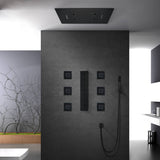 Matte Black Flushed in 31 Inch Rainfall Waterfall Bluetooth Music LED Light Shower Head 6 Functions Thermostatic Shower Faucet Set with Body Jets Each Function Work All Together and Separately