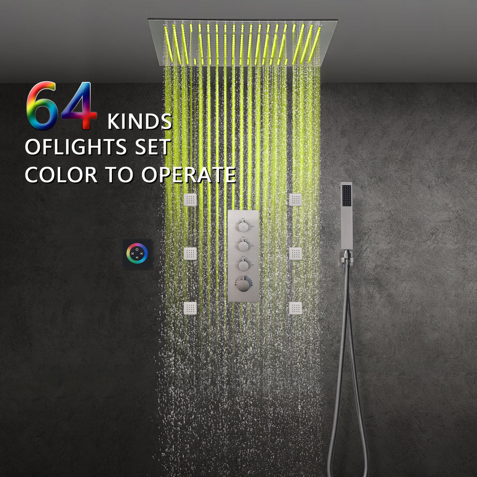 Brushed nickel 64 LED colors 20 inch flushed on rainfall shower systems 3 way Digital display thermostatic valve with 6 body jets and touch panel