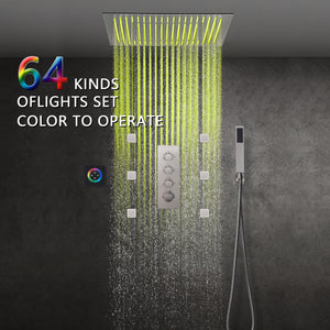 
                  
                    Brushed nickel 64 LED colors 20 inch flushed on rainfall shower systems 3 way Digital display thermostatic valve with 6 body jets and touch panel
                  
                