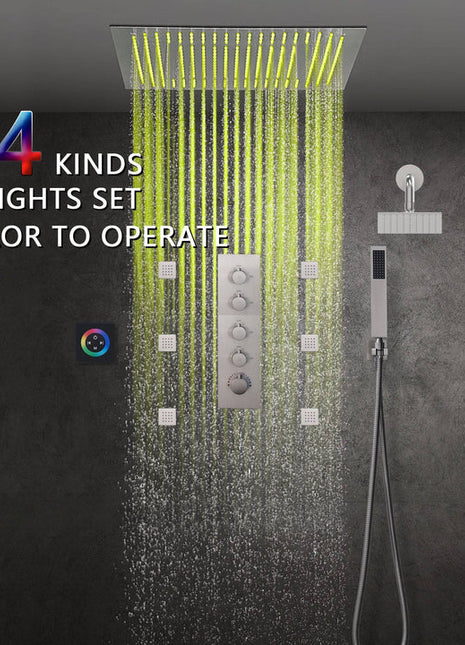 Brushed nickel  64 LED colors 20 inch flushed on rainfall shower systems 4 way digital display thermostatic valve with regular head and 6 body jets and touch panel