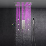 Brushed nickel 64 LED colors 20 inch flushed on rainfall shower systems 3 way Digital display thermostatic valve with 6 body jets and touch panel