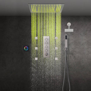 
                  
                    Brushed nickel  64 LED colors 20 inch flushed on rainfall shower systems 4 way digital display thermostatic valve with regular head and 6 body jets and touch panel
                  
                