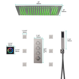 
                  
                    Brushed nickel 64 LED colors 20 inch flushed on rainfall shower systems 3 way Digital display thermostatic valve with 6 body jets and touch panel
                  
                