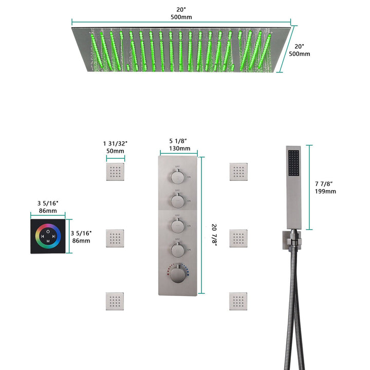 
                  
                    Brushed nickel  64 LED colors 20 inch flushed on rainfall shower systems 4 way digital display thermostatic valve with regular head and 6 body jets and touch panel
                  
                
