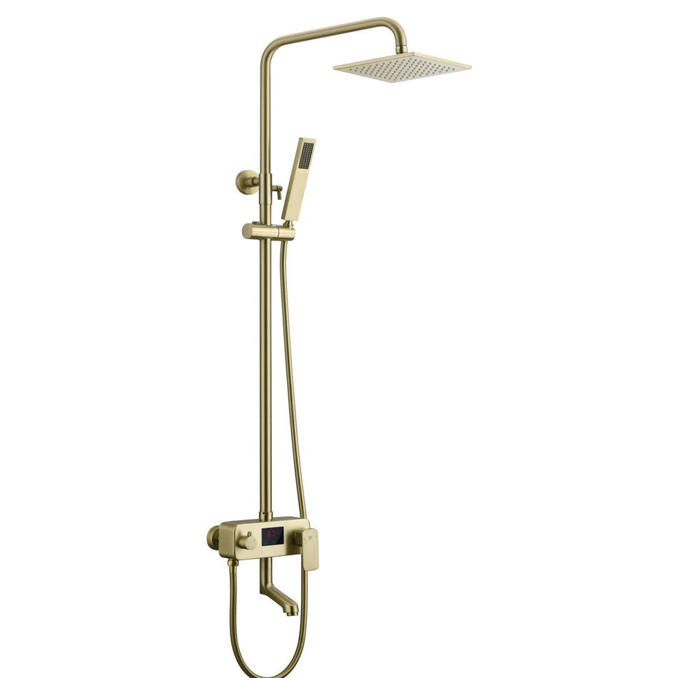 Brushed gold 8 inch  rain head 3 function digital display exposed handle shower set with tub spout and handle shower