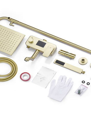 Brushed gold 8 inch  rain head 3 function digital display exposed handle shower set with tub spout and handle shower