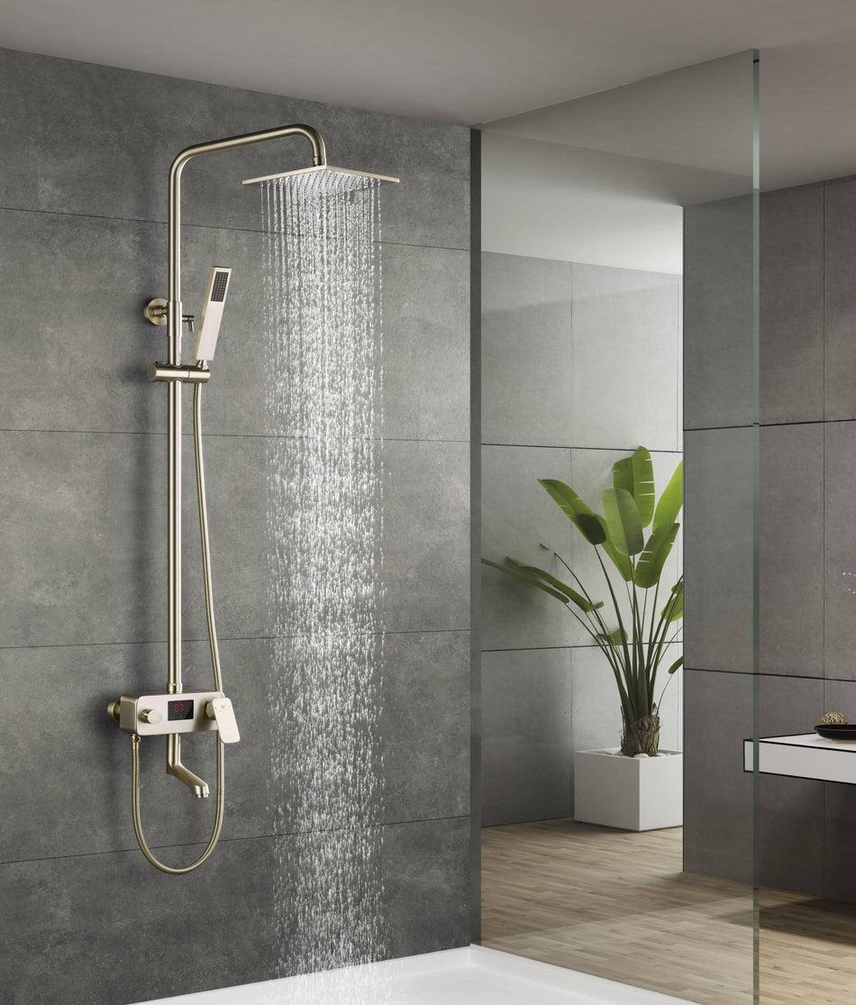 Brushed gold 8 inch  rain head 3 function digital display exposed handle shower set with tub spout and handle shower