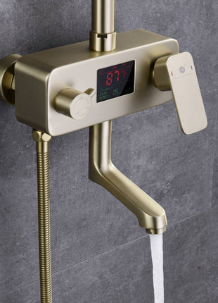 Brushed gold 8 inch  rain head 3 function digital display exposed handle shower set with tub spout and handle shower