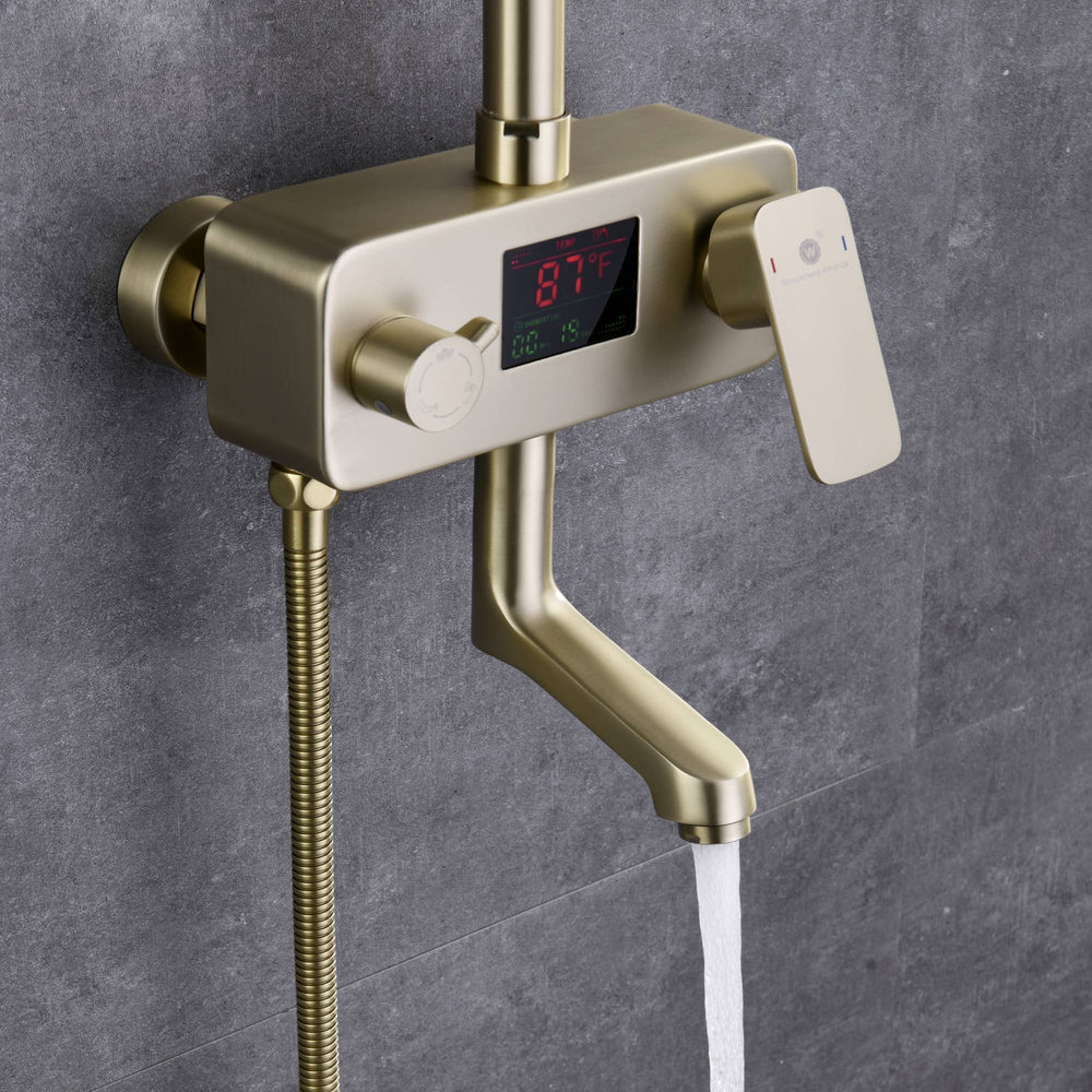 
                  
                    Brushed gold 8 inch  rain head 3 function digital display exposed handle shower set with tub spout and handle shower
                  
                