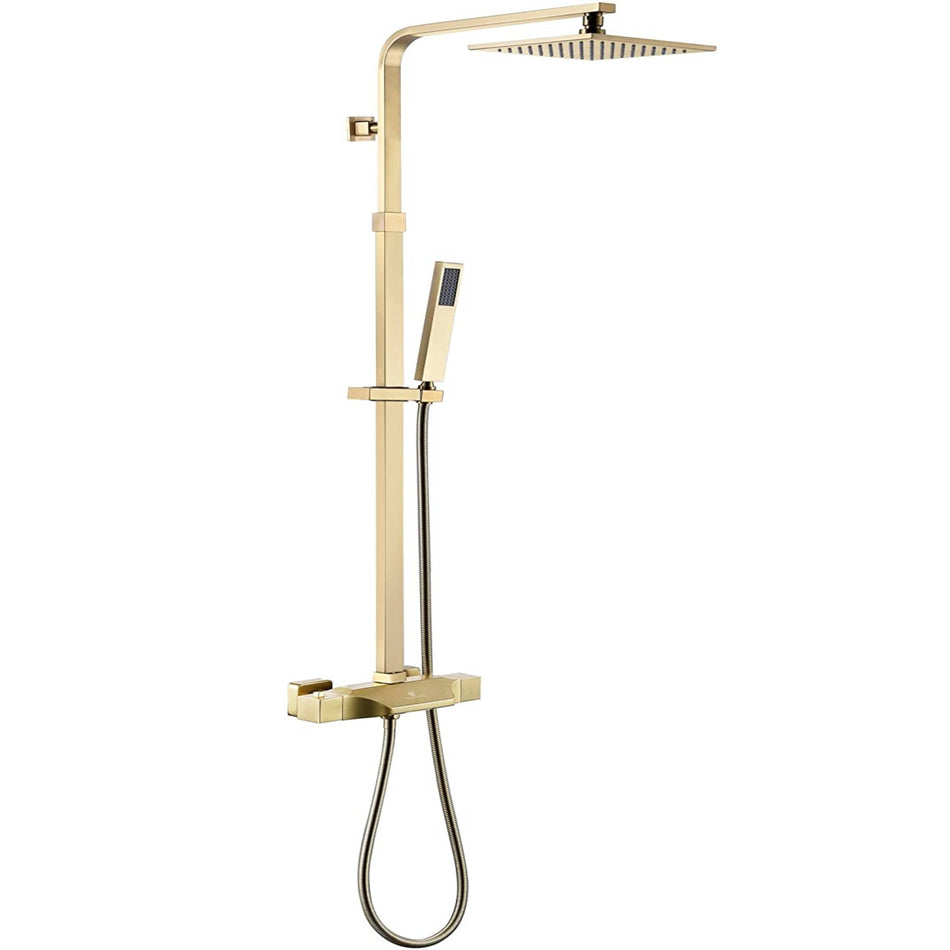 Brushed Gold 8'' rain shower head 3 function thermostatic exposed handle shower system with tub spout and handle shower