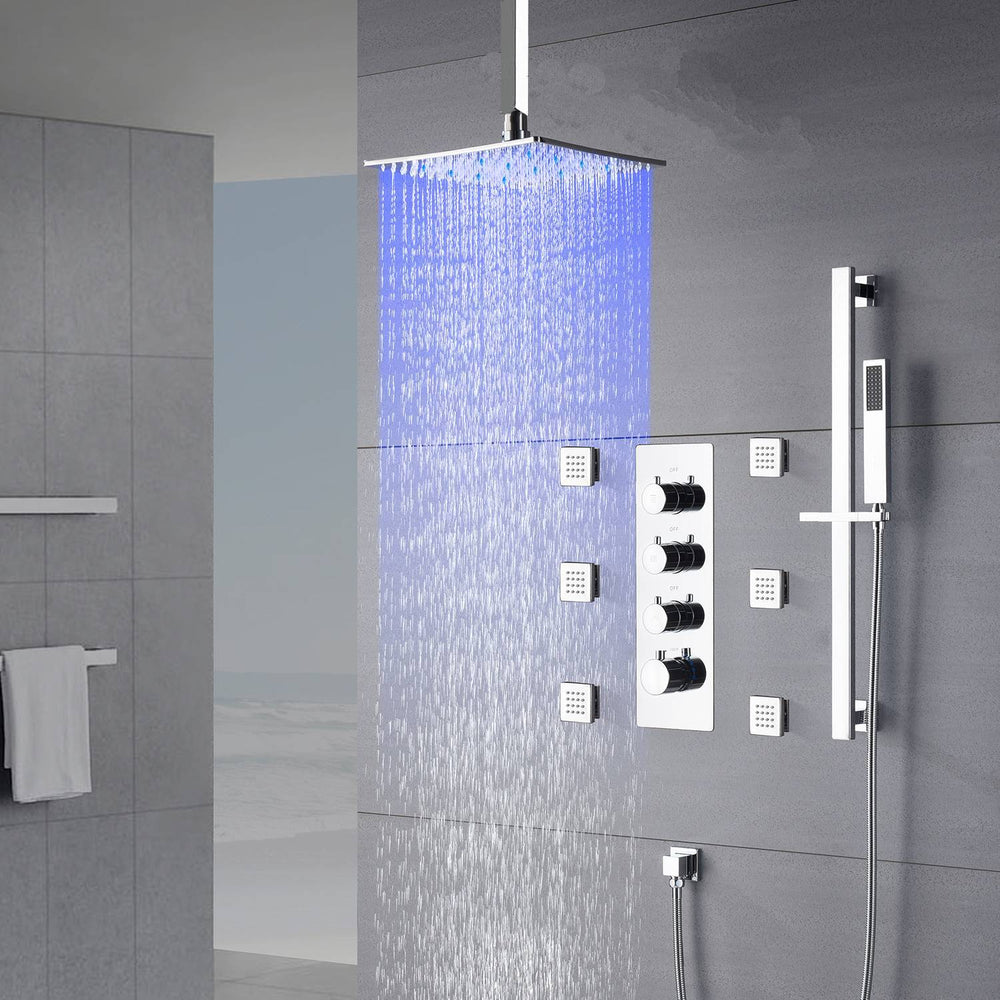 Chrome 12 inch or 16 inch LED light ceiling mount 3 way thermostatic shower faucet with 6 body jets and sliding bar