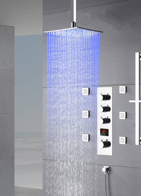 16inch 3 LED colors Rain Shower Set Sprayer Chrome Combo Kit Ceiling Mount 3 way digital Thermostatic with body jets