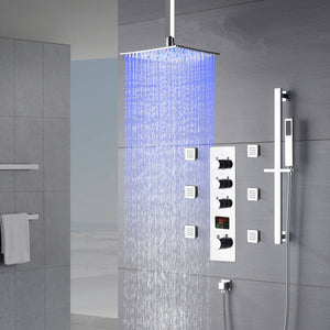 
                  
                    16inch 3 LED colors Rain Shower Set Sprayer Chrome Combo Kit Ceiling Mount 3 way digital Thermostatic with body jets
                  
                