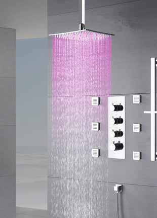 Chrome 12 inch or 16 inch LED light ceiling mount 3 way thermostatic shower faucet with 6 body jets and sliding bar