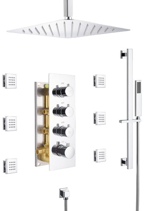 Chrome 12 inch or 16 inch ceiling mount 3 way thermostatic shower faucet with 6 body jets and sliding bar