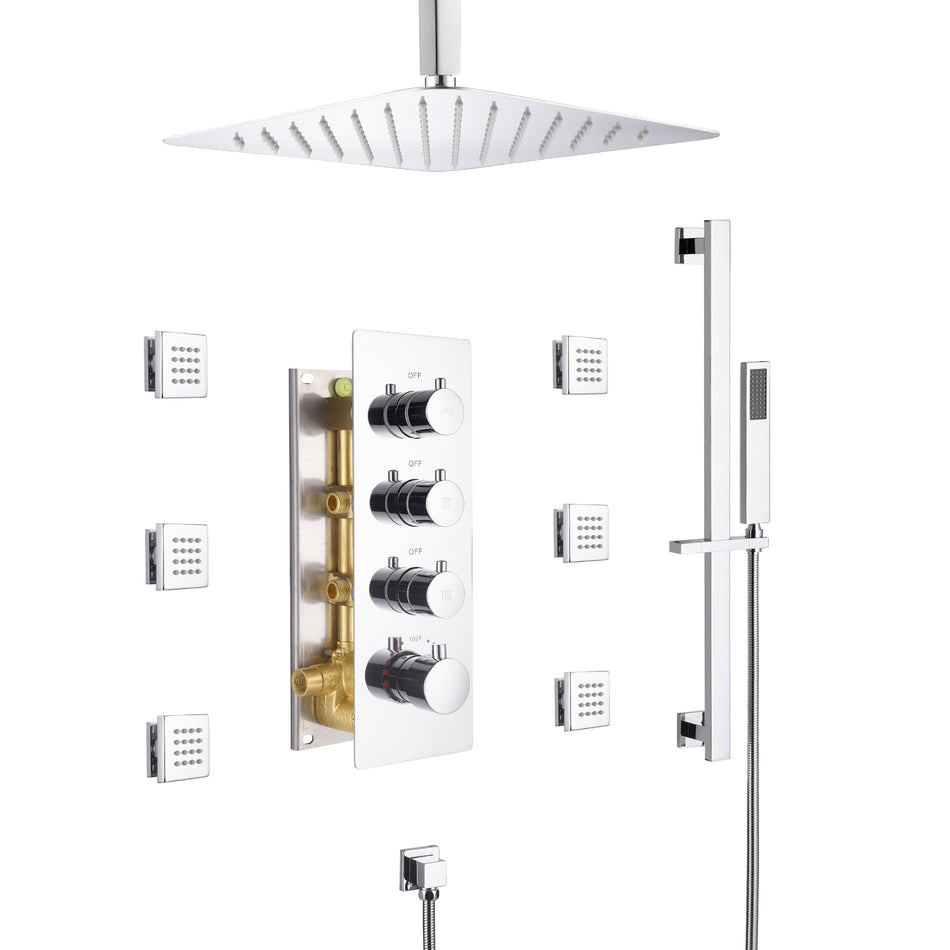 Chrome 12 inch or 16 inch ceiling mount 3 way thermostatic shower faucet with 6 body jets and sliding bar