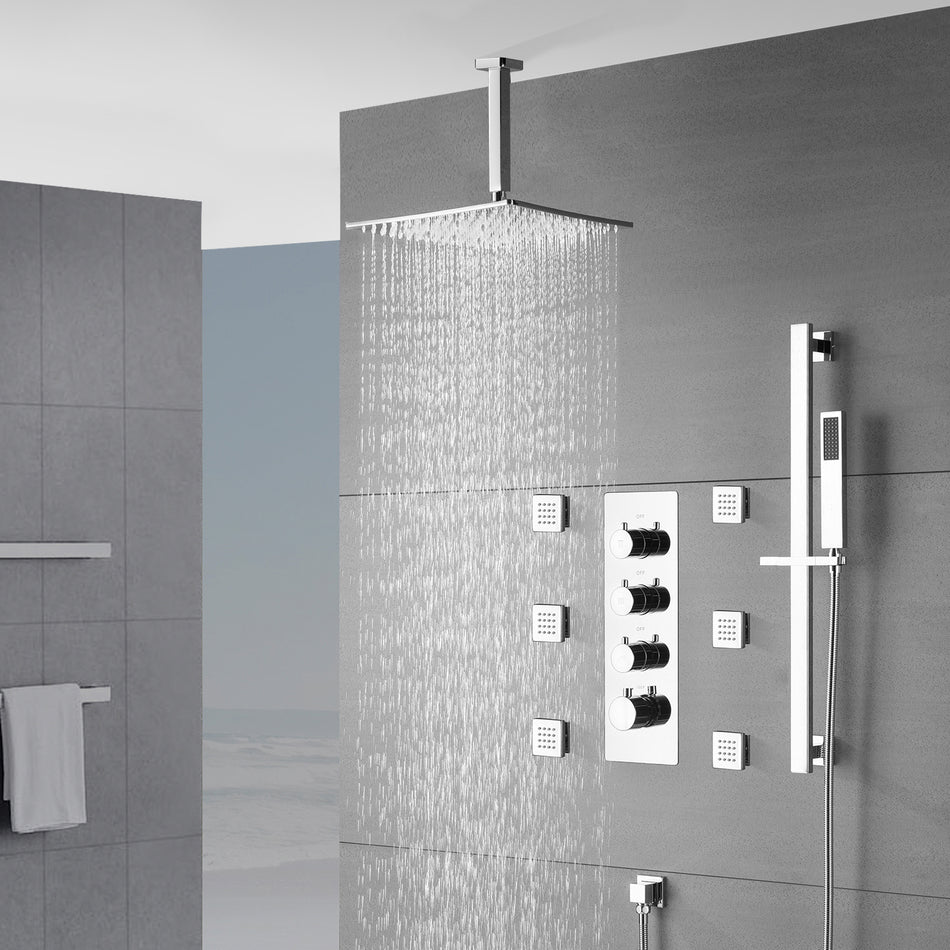 Chrome 12 inch or 16 inch ceiling mount 3 way thermostatic shower faucet with 6 body jets and sliding bar