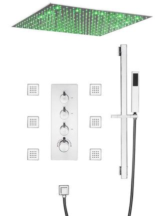 Chrome 20inch 3 LED colors 3 way digital thermostatic shower faucet with 6 body jets and sliding bar
