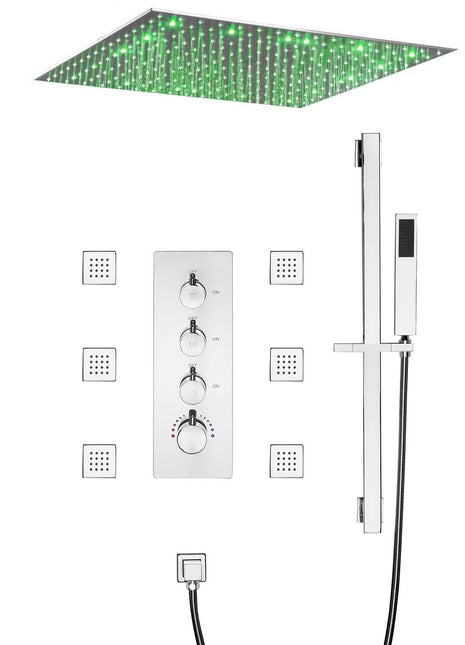 Chrome 20inch 3 LED colors 3 way digital thermostatic shower faucet with 6 body jets and sliding bar