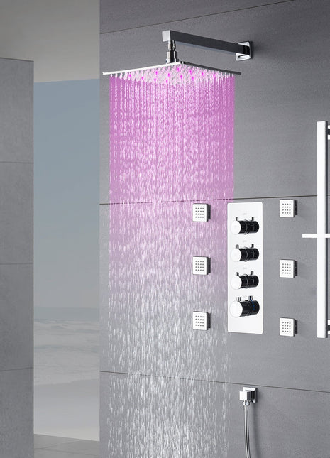 Chrome 12inch LED light Wall mount 3 way thermostatic shower faucet with 6 body jets and sliding bar