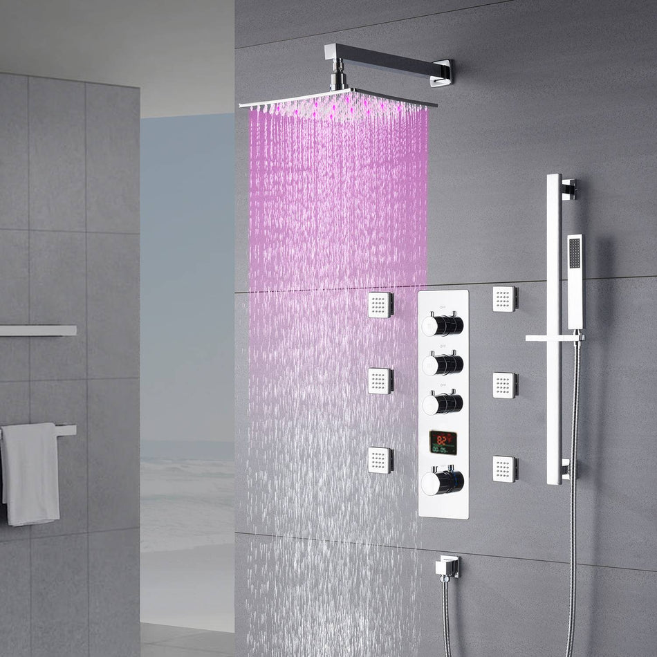 Chrome 12inch 3 LED colors  wall mount 3 way digital Thermostatic with 3 body jets