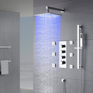 
                  
                    Chrome 12inch LED light Wall mount 3 way thermostatic shower faucet with 6 body jets and sliding bar
                  
                