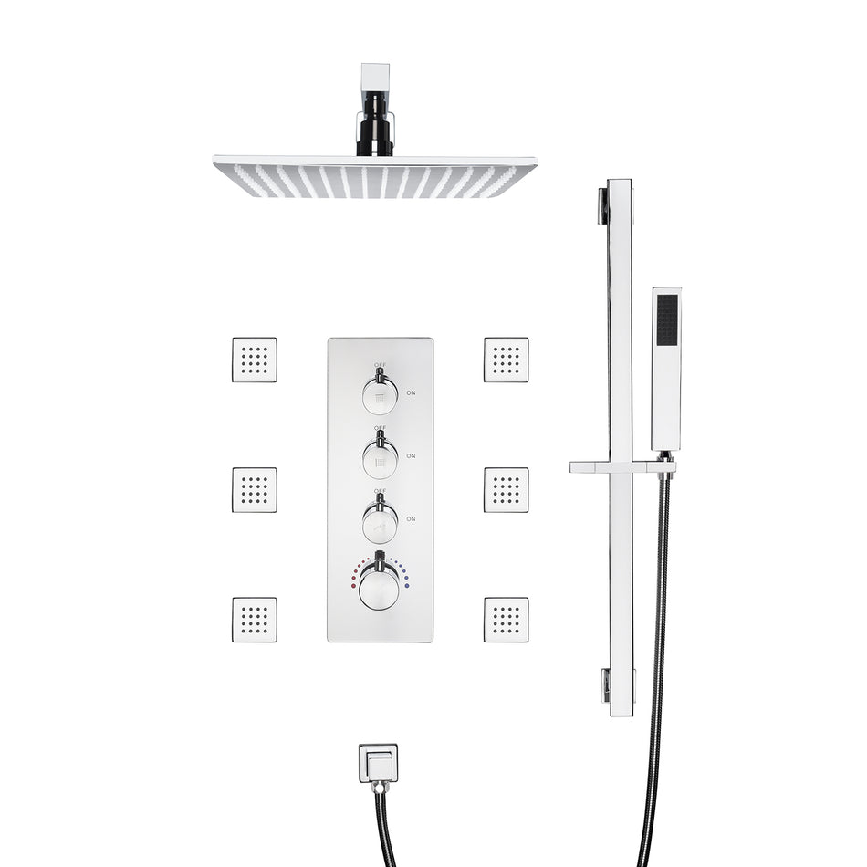 Chrome 12 inch OR 16 inch Wall mount 3 way thermostatic shower faucet with 6 body jets and sliding bar