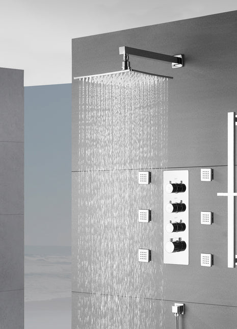 Chrome 12 inch OR 16 inch Wall mount 3 way thermostatic shower faucet with 6 body jets and sliding bar