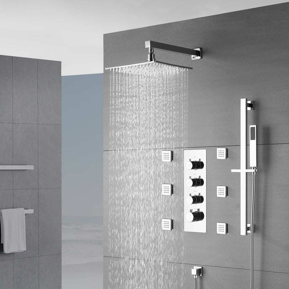 
                  
                    Chrome 12 inch OR 16 inch Wall mount 3 way thermostatic shower faucet with 6 body jets and sliding bar
                  
                