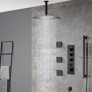 
                  
                    matte black ceiling mount 12 inch or 16 inch rain head 3 way digital display thermostatic shower faucet with large body sprayers
                  
                