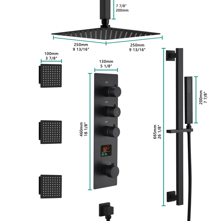 matte black ceiling mount 12 inch or 16 inch rain head 3 way digital display thermostatic shower faucet with large body sprayers