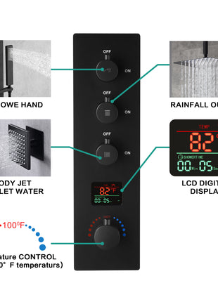 Brushed nickel Ceiling 12 Inch or 16 inch Rainfall Shower Head Wall Mount 6 Inch Regular High Water Pressure Shower Head 3 Way Digital display Thermostatic Shower Faucet Each Function Work All Together And Separately
