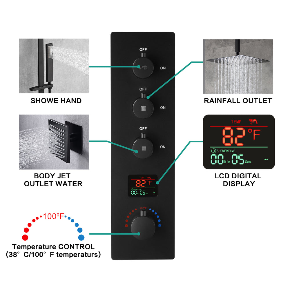 
                  
                    Brushed nickel Ceiling 12 Inch or 16 inch Rainfall Shower Head Wall Mount 6 Inch Regular High Water Pressure Shower Head 3 Way Digital display Thermostatic Shower Faucet Each Function Work All Together And Separately
                  
                