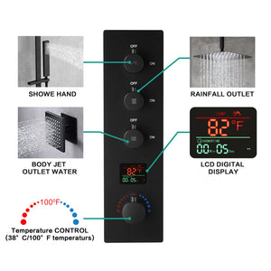 
                  
                    matte black ceiling mount 12 inch or 16 inch rain head 3 way digital display thermostatic shower faucet with large body sprayers
                  
                
