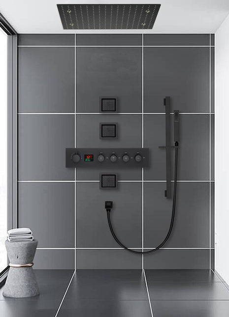 20 inch rainfall mist LED matte black rainfall shower system 4 way digital thermostatic rough in valve with body jets and sliding bar