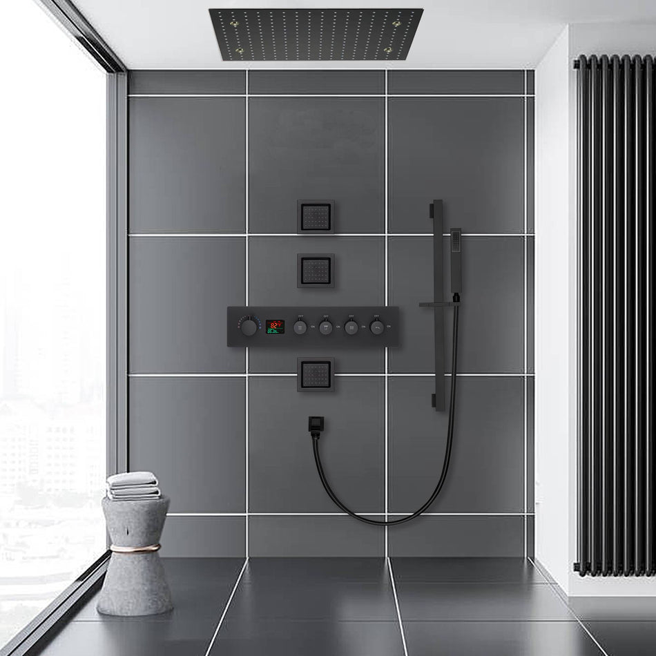 20 inch rainfall mist LED matte black rainfall shower system 4 way digital thermostatic rough in valve with body jets and sliding bar