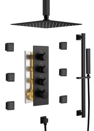 Ceiling mounted  12 inch LED or 16 inch LED shower head matte black 3 way thermostatic shower faucet with body jets and sliding bar