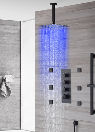Ceiling mounted  12 inch LED or 16 inch LED shower head matte black 3 way thermostatic shower faucet with body jets and sliding bar