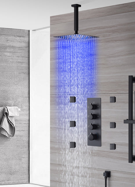 Ceiling mounted  12 inch LED or 16 inch LED shower head matte black 3 way thermostatic shower faucet with body jets and sliding bar