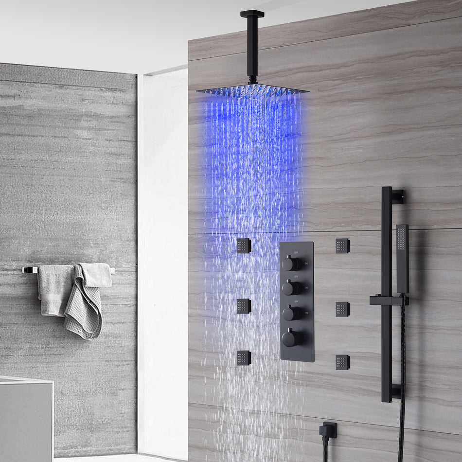 Ceiling mounted  12 inch LED or 16 inch LED shower head matte black 3 way thermostatic shower faucet with body jets and sliding bar
