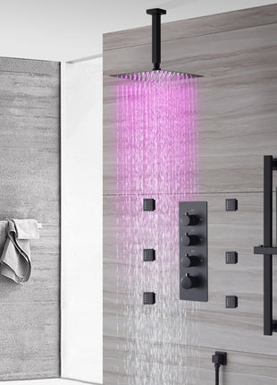 Ceiling mounted  12 inch LED or 16 inch LED shower head matte black 3 way thermostatic shower faucet with body jets and sliding bar