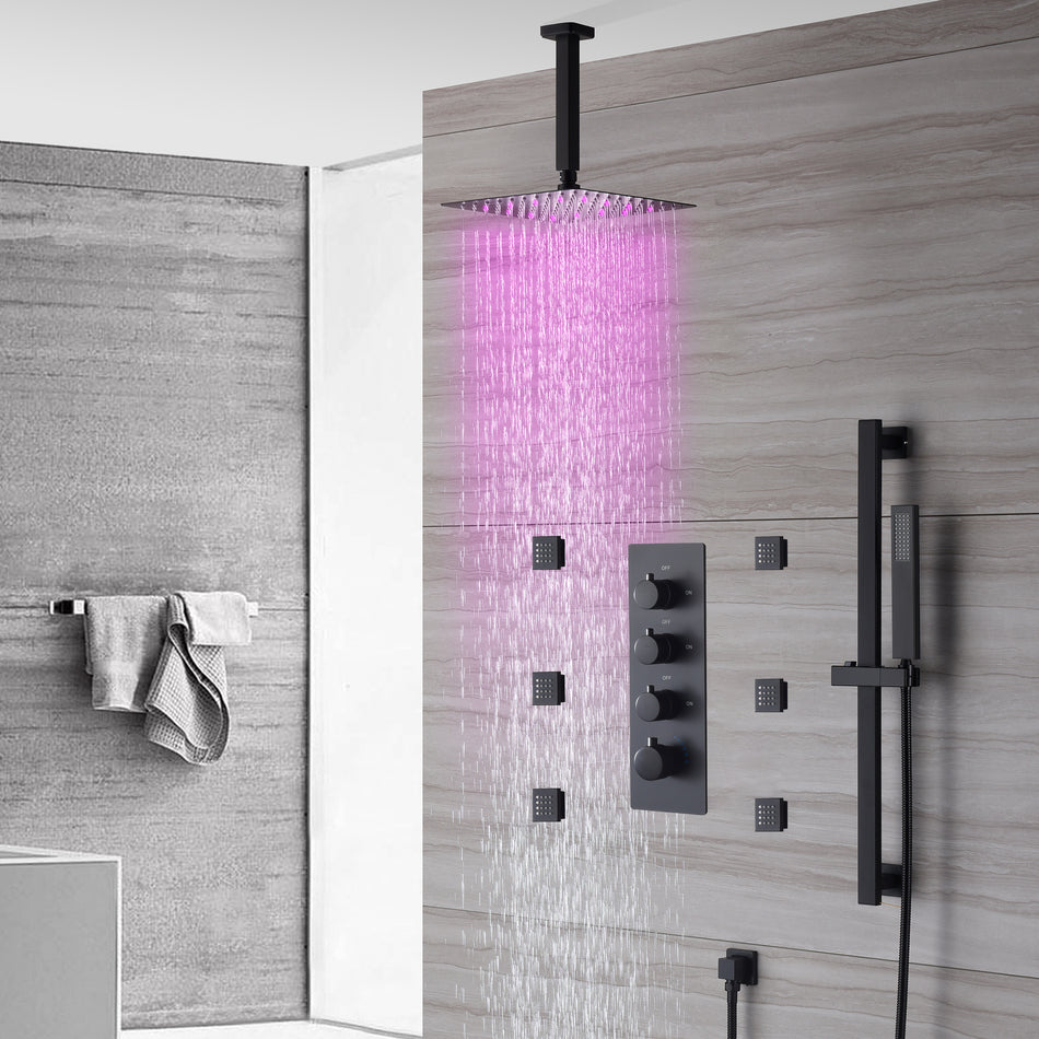 Ceiling mounted  12 inch LED or 16 inch LED shower head matte black 3 way thermostatic shower faucet with body jets and sliding bar