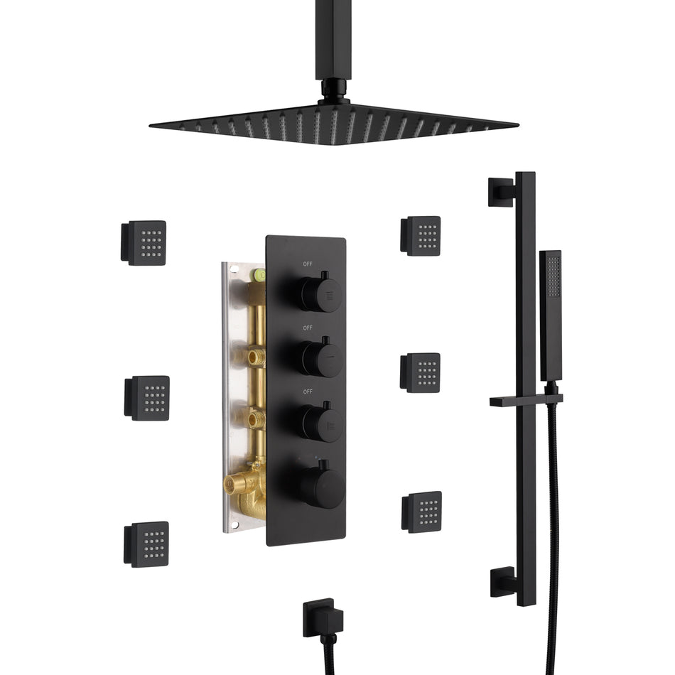 12 inch or 16 inch Ceiling mounted shower head matte black 3 way thermostatic shower faucet with body jets and sliding bar