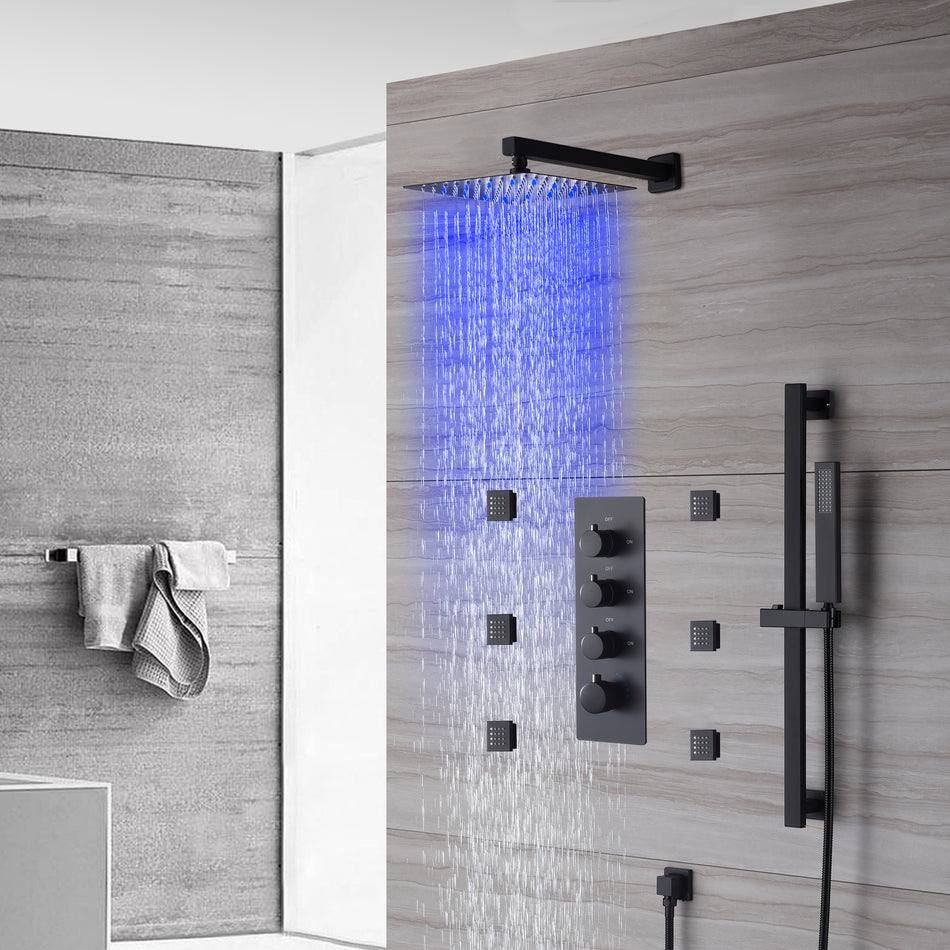 12 inch or 16 inch LED wall mounted shower head matte black 3 way thermostatic shower faucet with body jets and sliding bar
