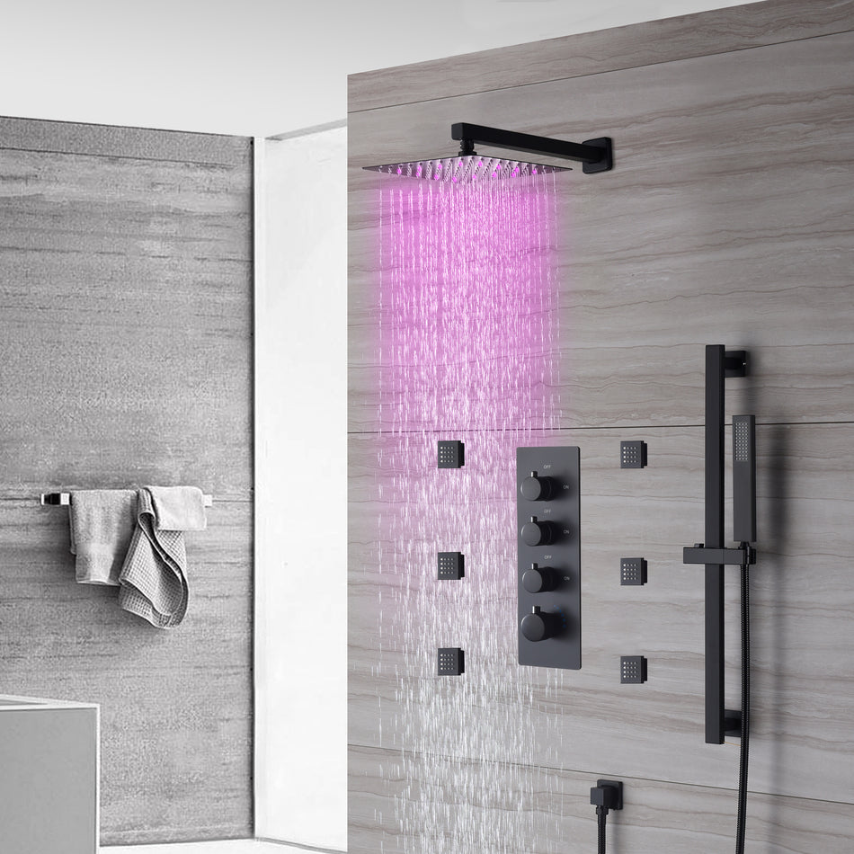 12 inch or 16 inch LED wall mounted shower head matte black 3 way thermostatic shower faucet with body jets and sliding bar