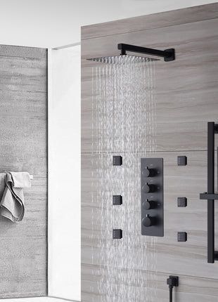 12 inch or 16 inch wall mounted shower head matte black 3 way thermostatic shower faucet with body jets and sliding bar